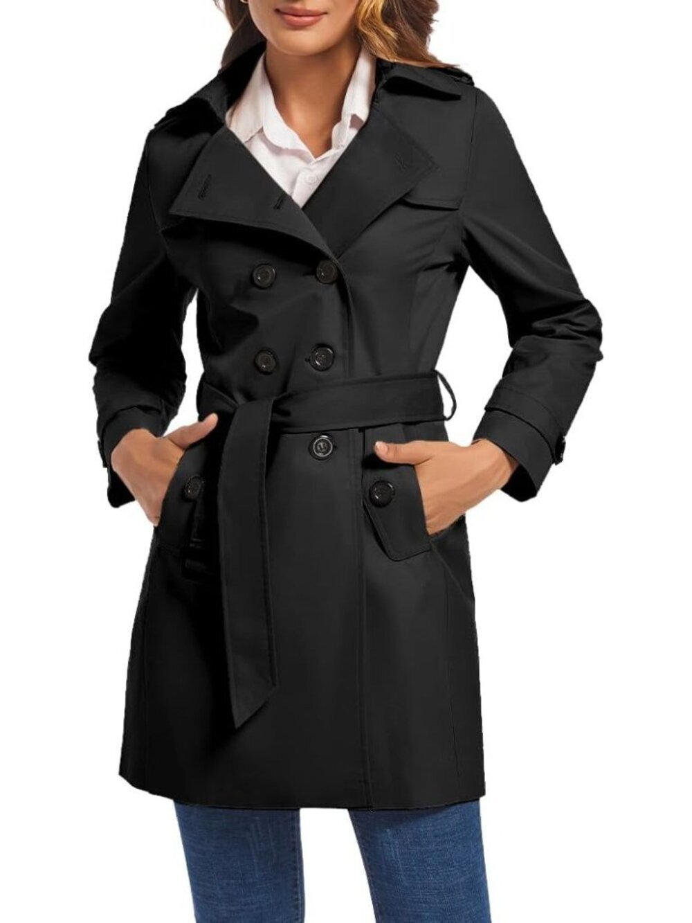 Women's Black Double Breasted Water Resistant Classic Belted Lapel Trench Coat